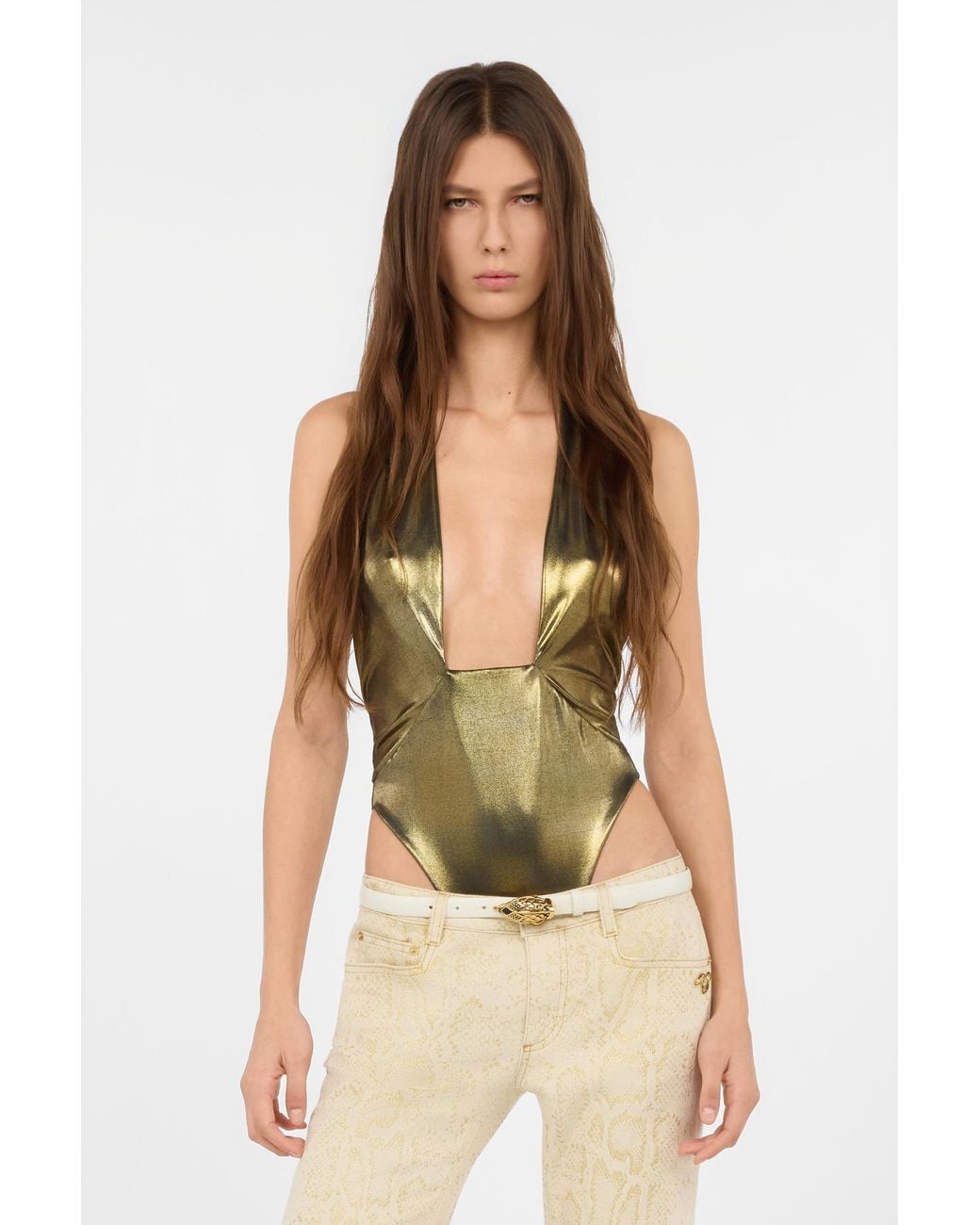 Roberto Cavalli Metallic One-Piece Swimsuit With Geometric Neckline
