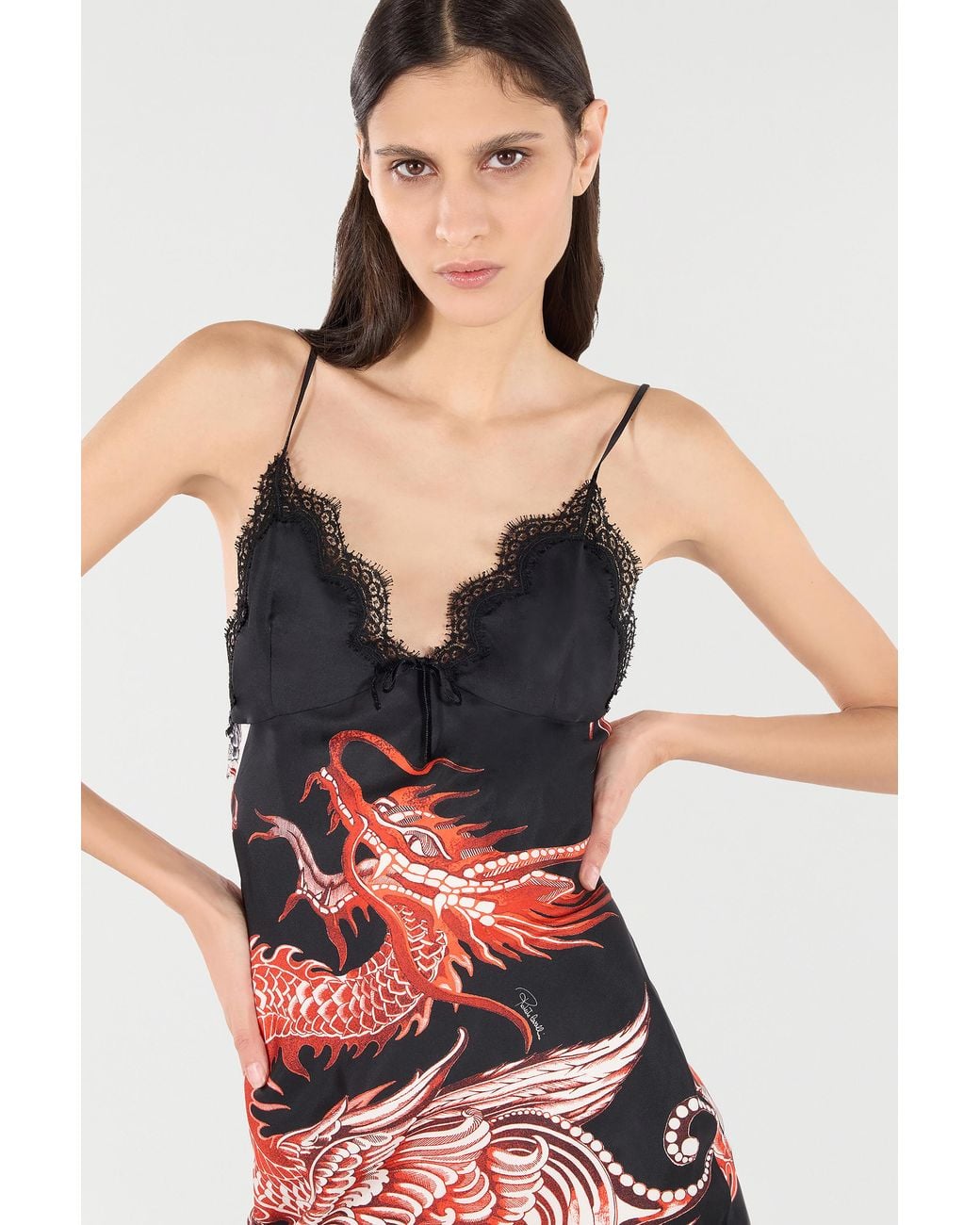 Roberto Cavalli Red Silk Mini Dress With Dragon And Ruches
