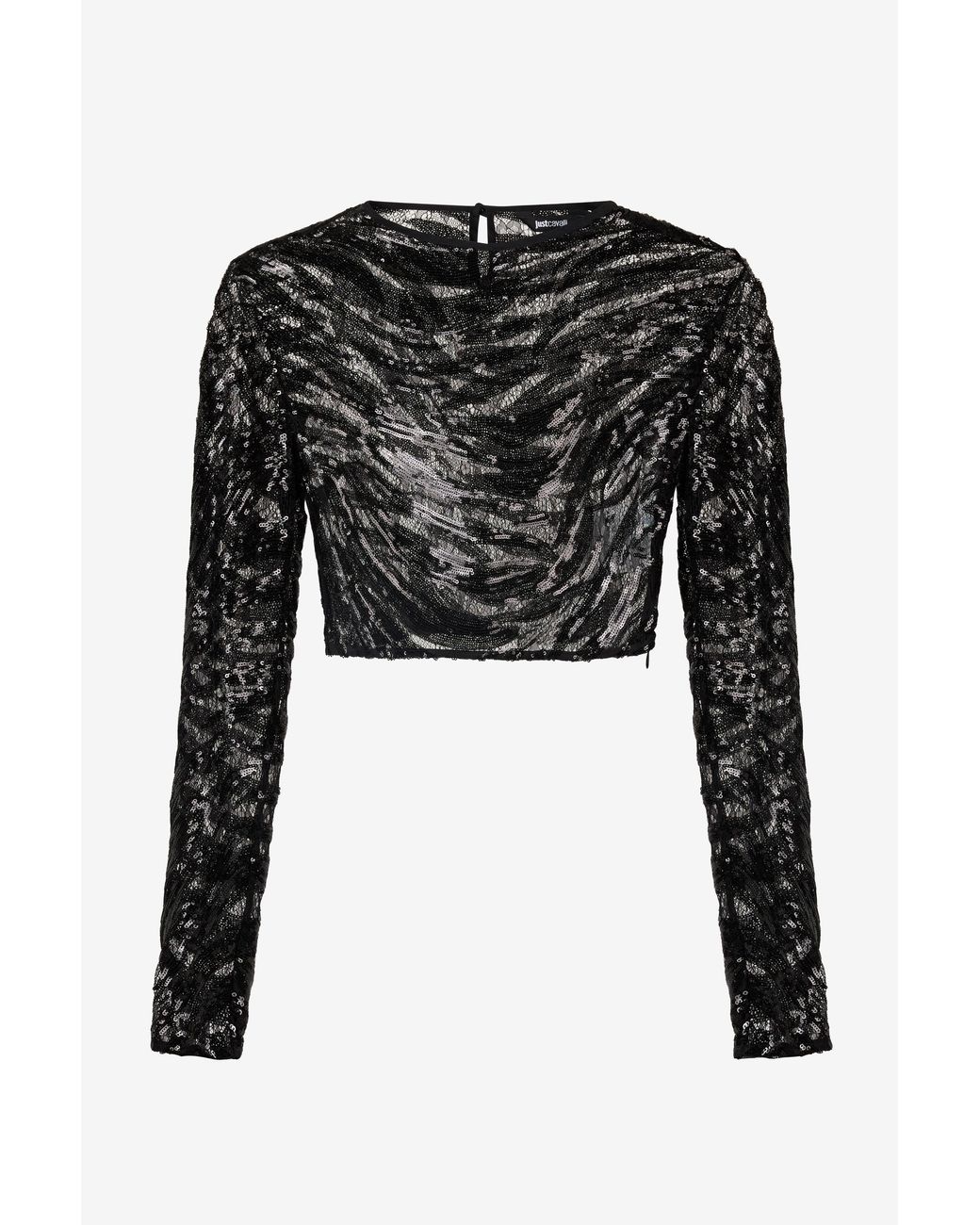 Roberto Cavalli Black Crop Top With Rhinestone-Detailed Zebra Design