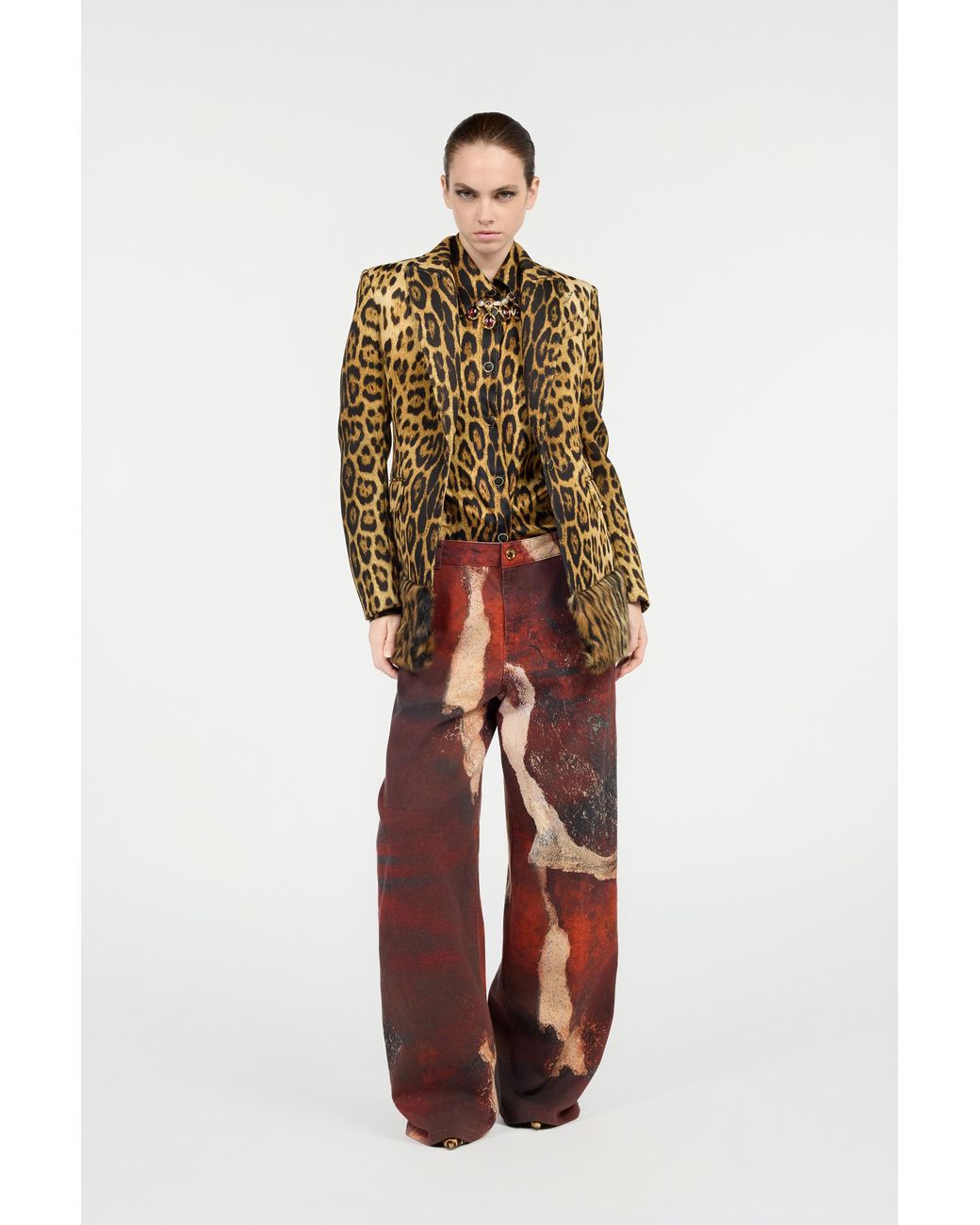 Roberto Cavalli Brown Silk Shirt With Jaguar Skin Print