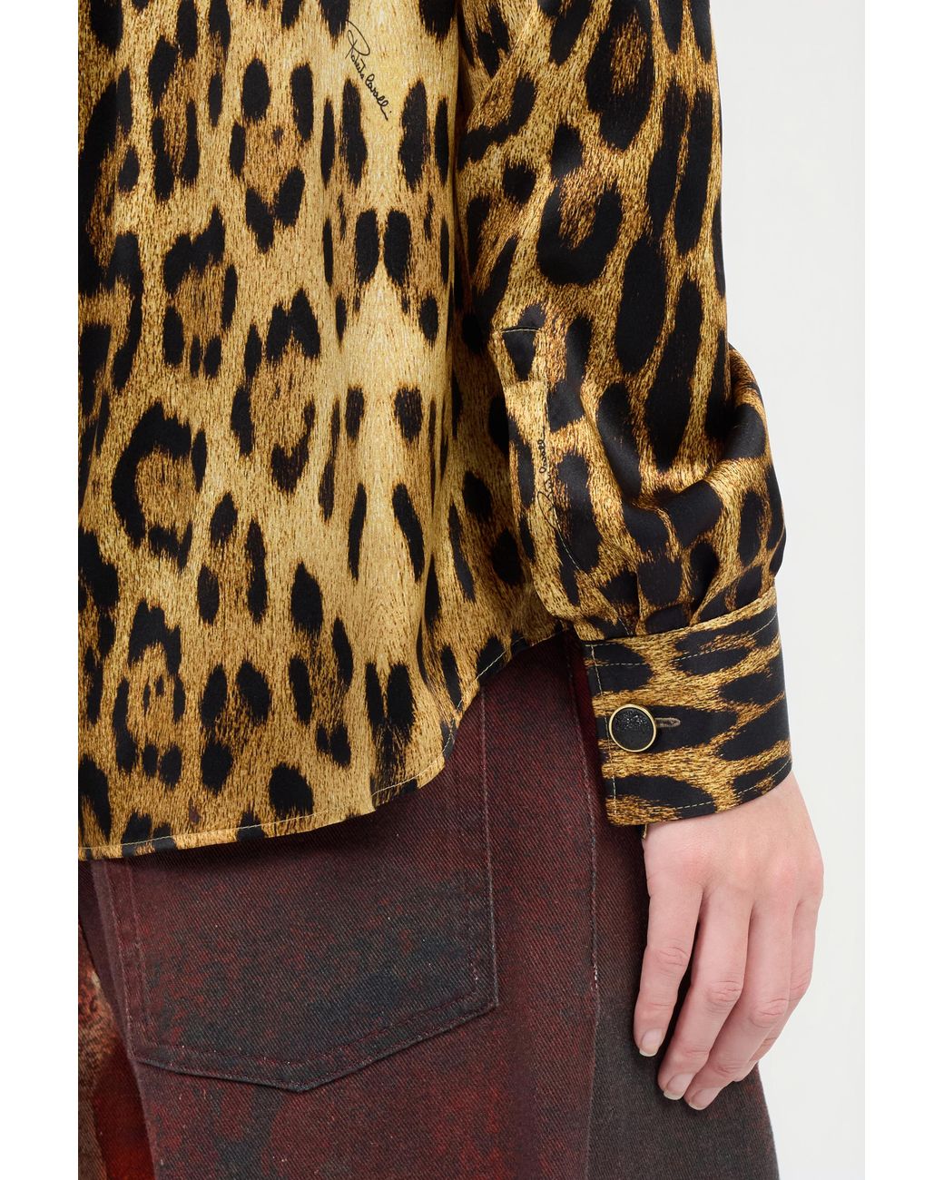 Roberto Cavalli Brown Silk Shirt With Jaguar Skin Print
