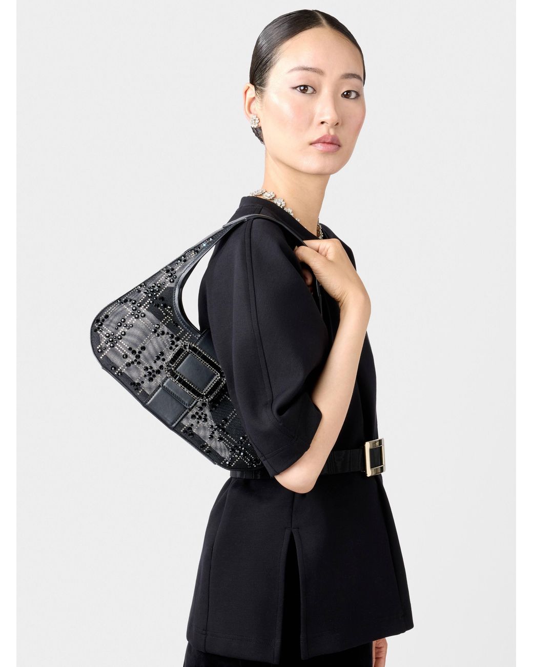 Roger Vivier Black Mesh Pilgrim Mini Hobo Bag