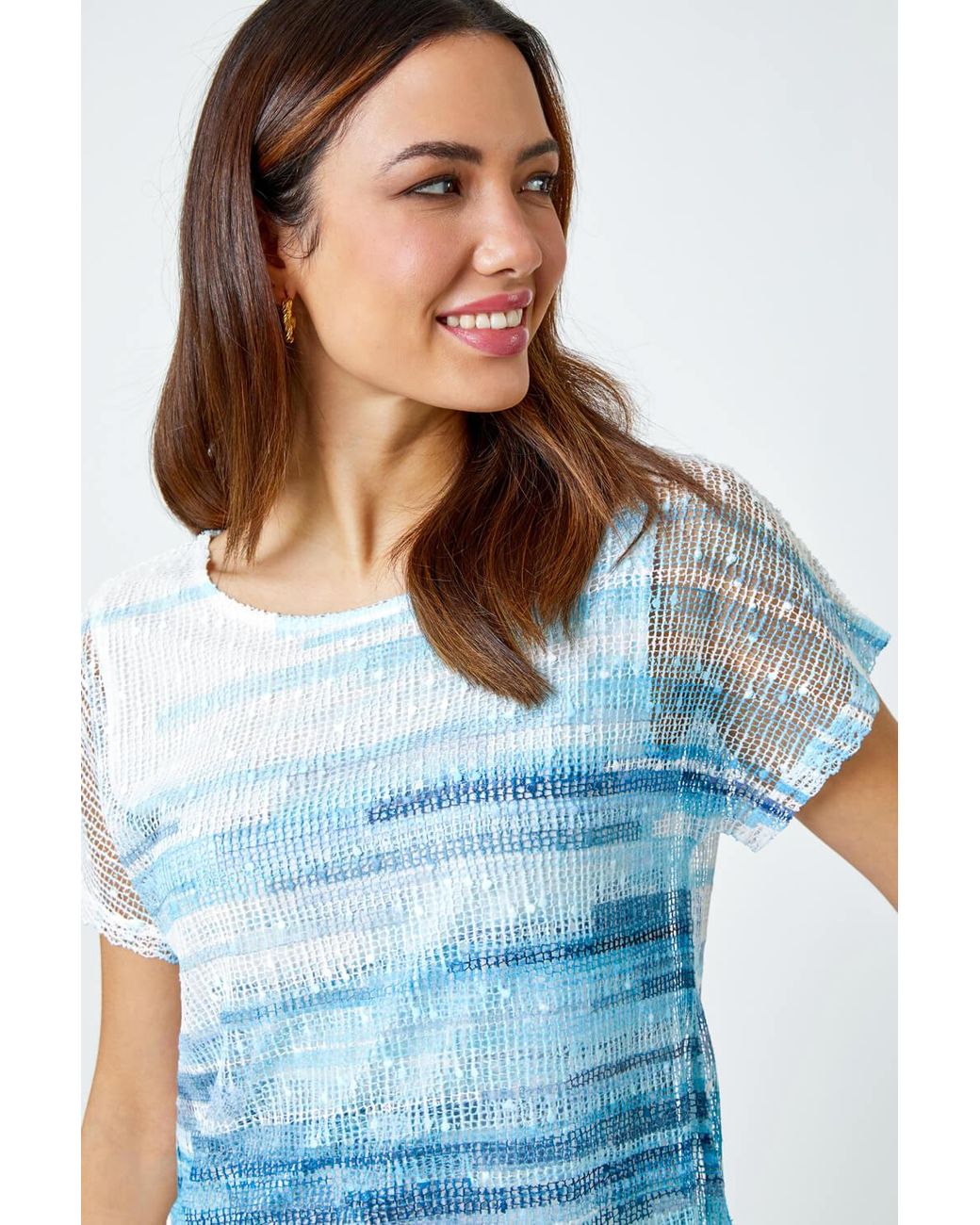 Roman White Stripe Print Mesh Overlay Top