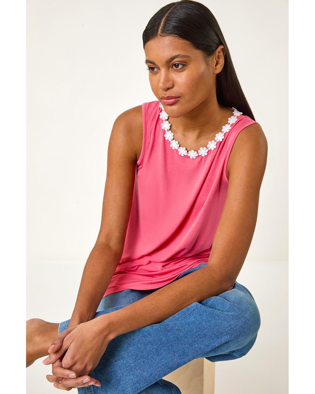 Roman Pink Daisy Neck Trim Vest Top