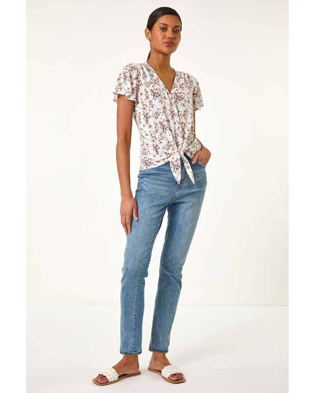 Roman White Floral Buttoned Tie Hem Top