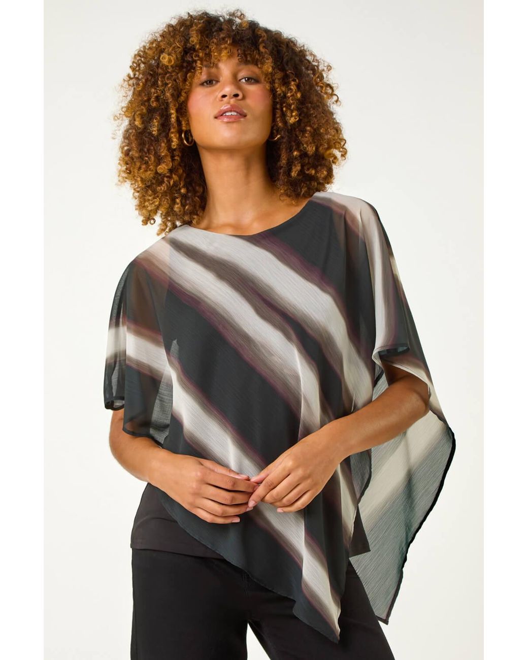 Roman Black Stripe Print Asymmetric Overlay Top