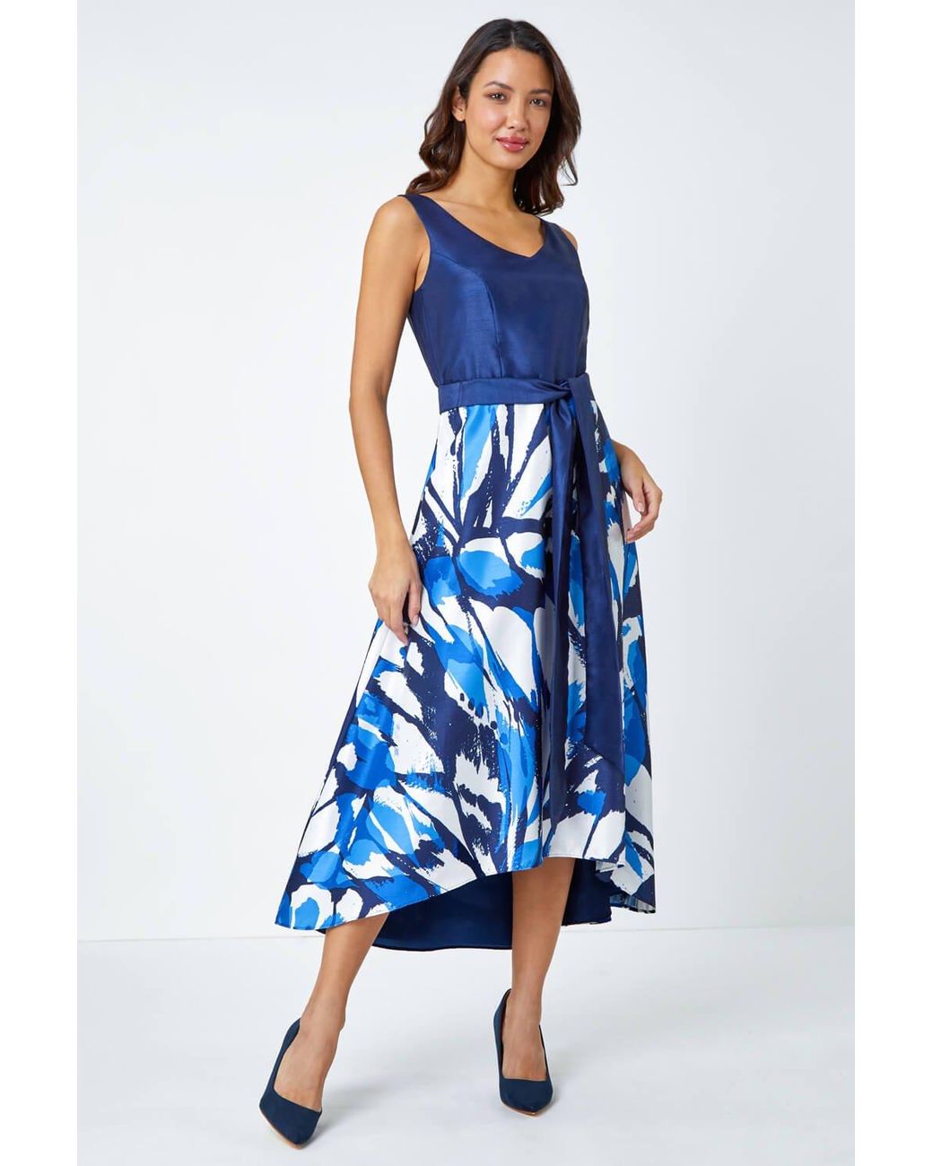 green emerald velvet dress Roman Fit & Flare Dress for Women UK - Ladies Patchwork Geometric Tropical  Floral Print Skater Stretch Jersey Swing Strappy Flattering Casual Summer  Sleeveless - Blue Floral main image 0