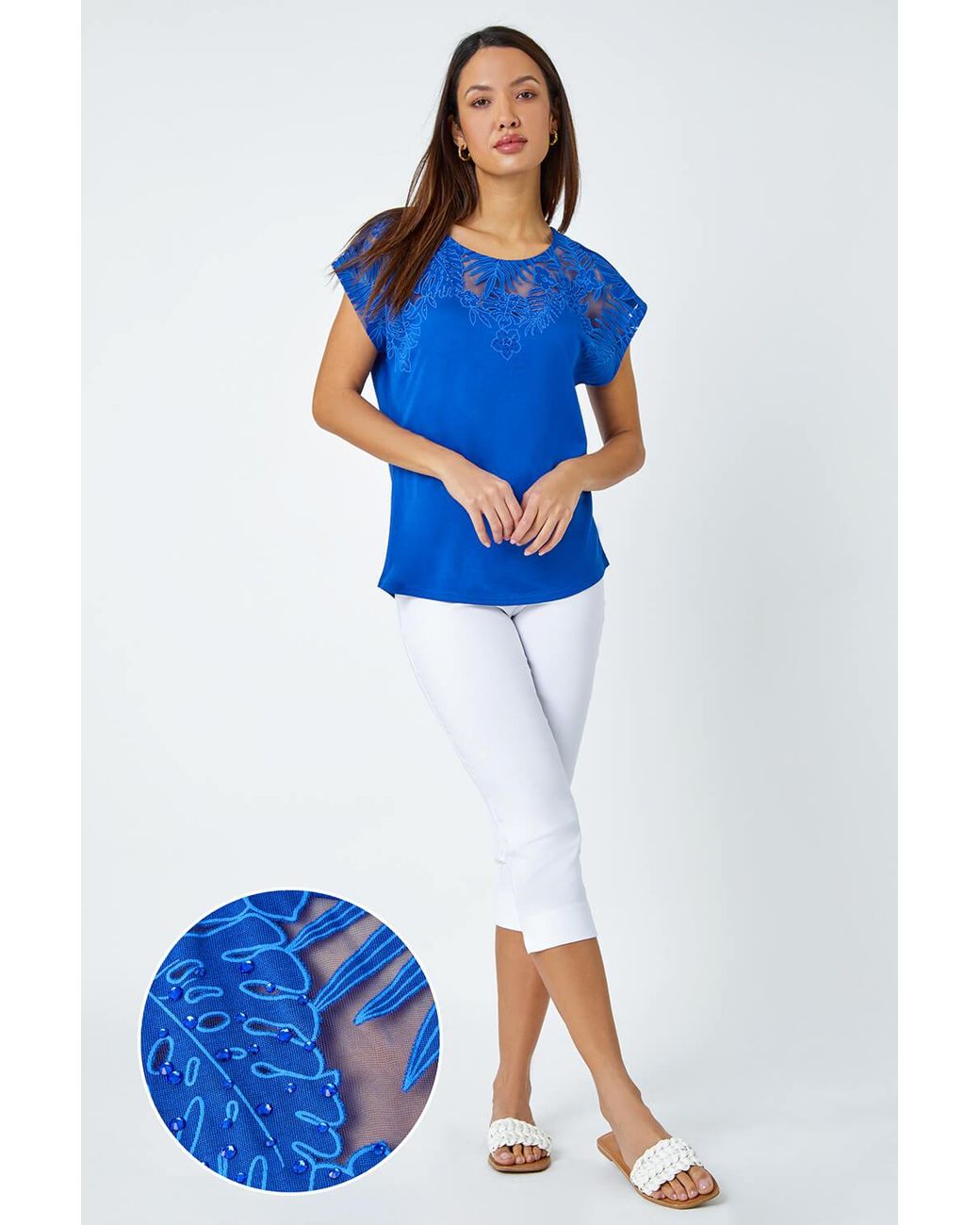 Roman Blue Embellished Palm Print Cut Out T-Shirt