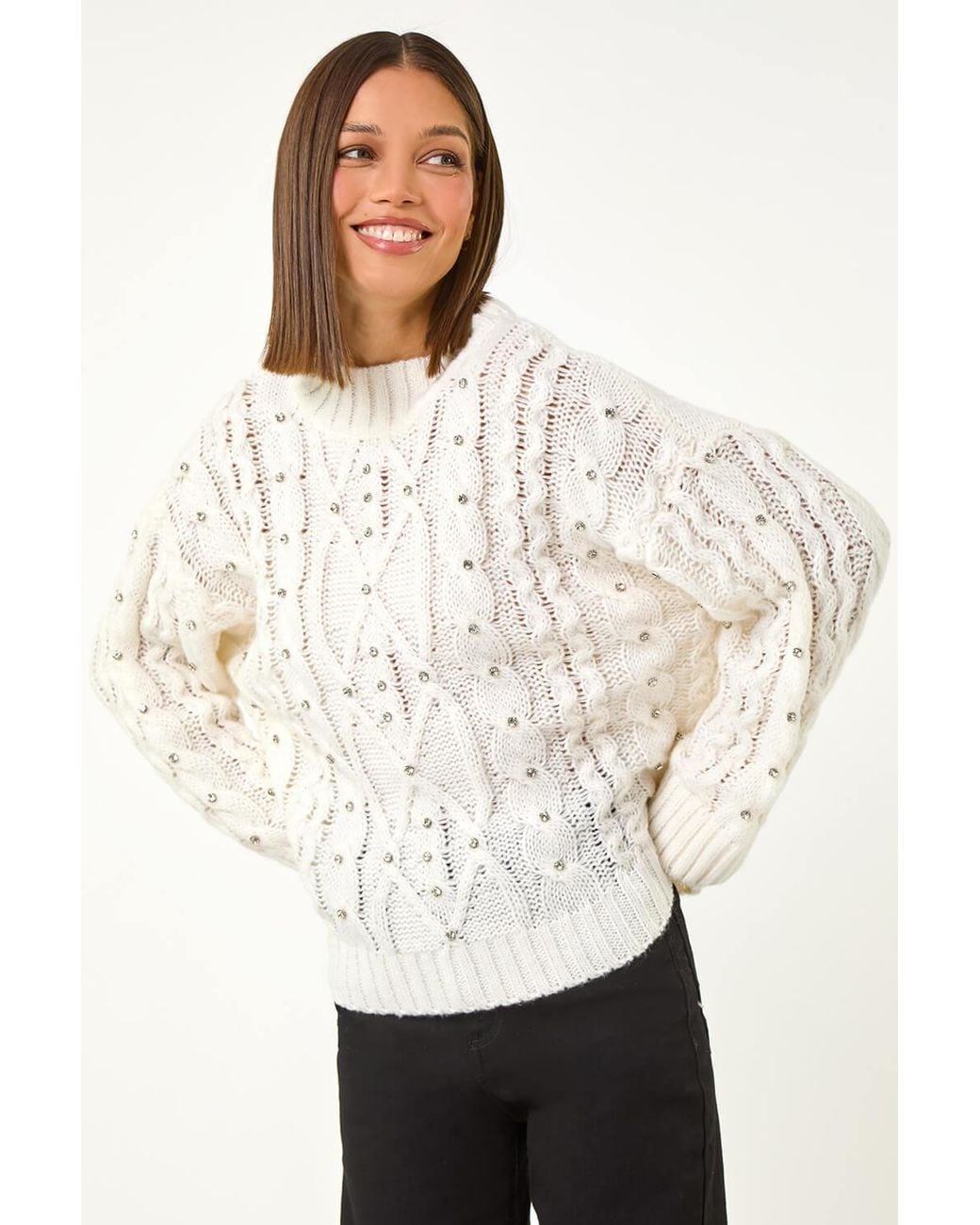 Roman White Diamante Cable Knit Jumper