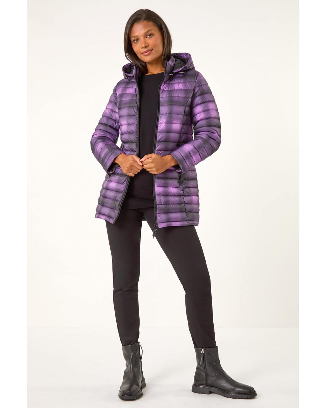 Roman Purple Check Print Quilted Puffer Coat