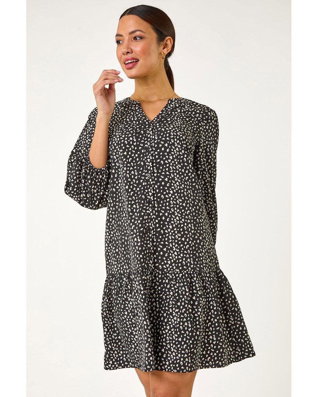 Roman Black Abstract Spot Frill Shirt Dress