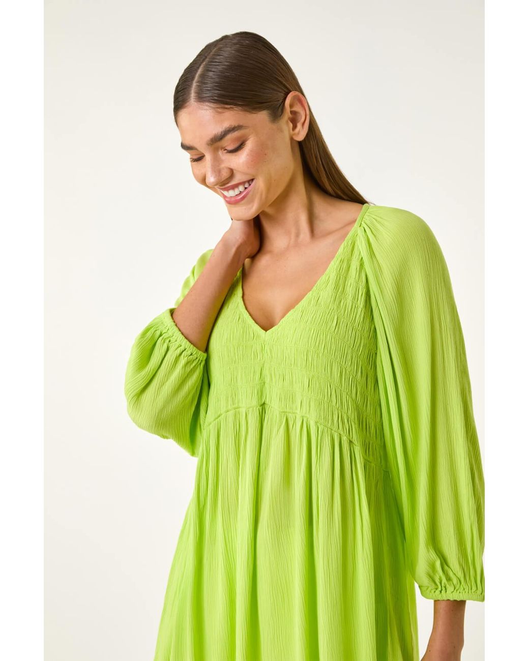 Roman Green Shirred V-Neck Top