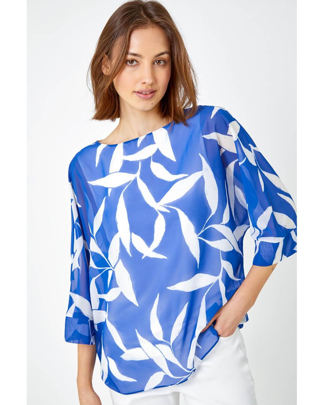 Roman Blue Leaf Print Chiffon Overlay Top