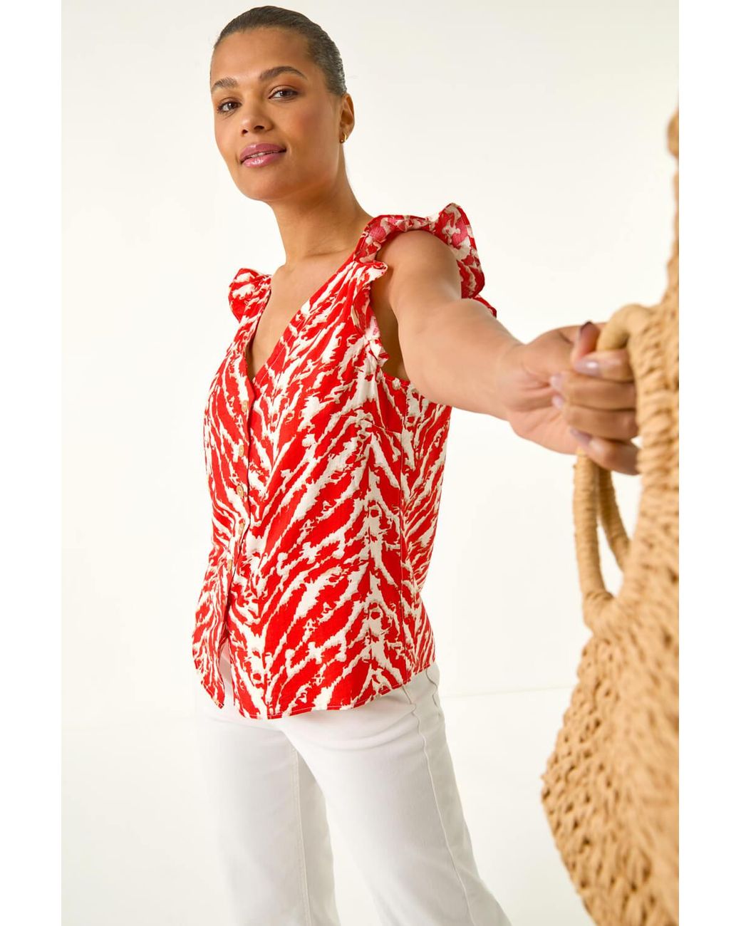 Roman Red Printed Frill Sleeve Button Blouse