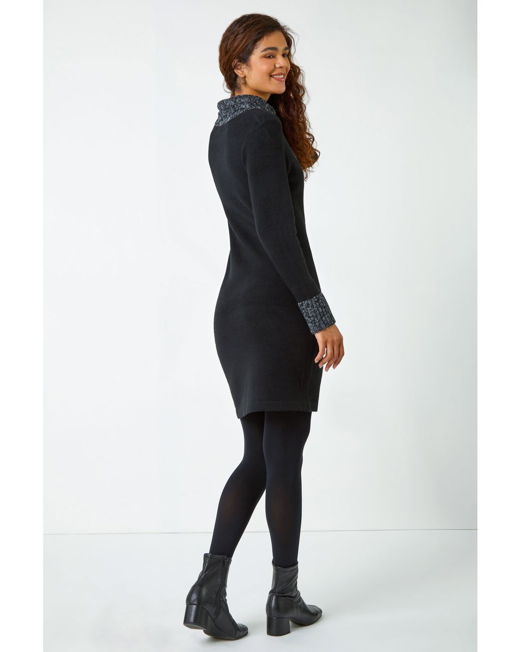 Roman Black Contrast Button Detail Knit Dress