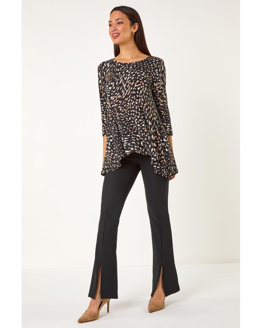 Roman Black Speckled Print Asymmetric Tunic