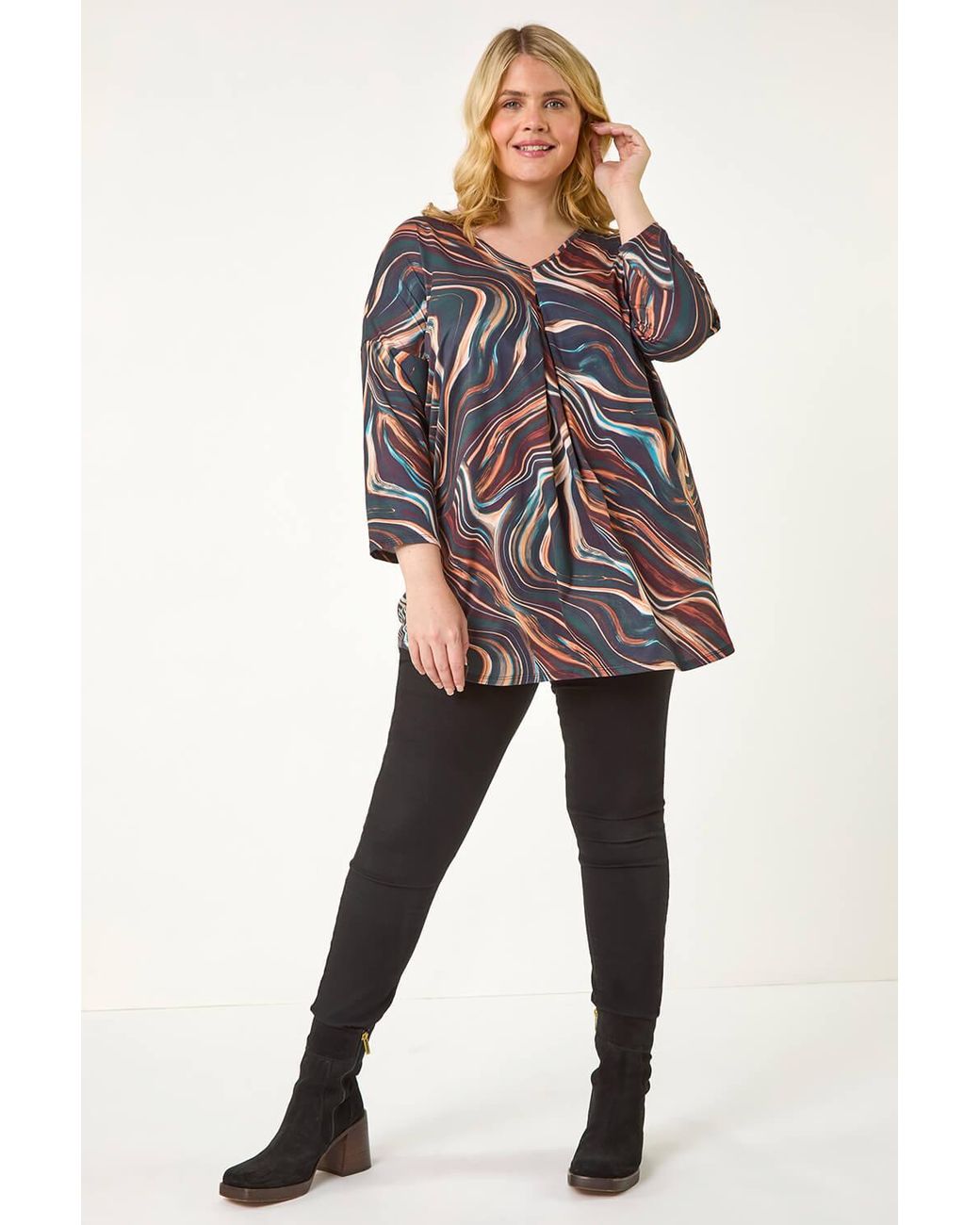 Roman Curve Natural V-Neck Pleat Front Tunic
