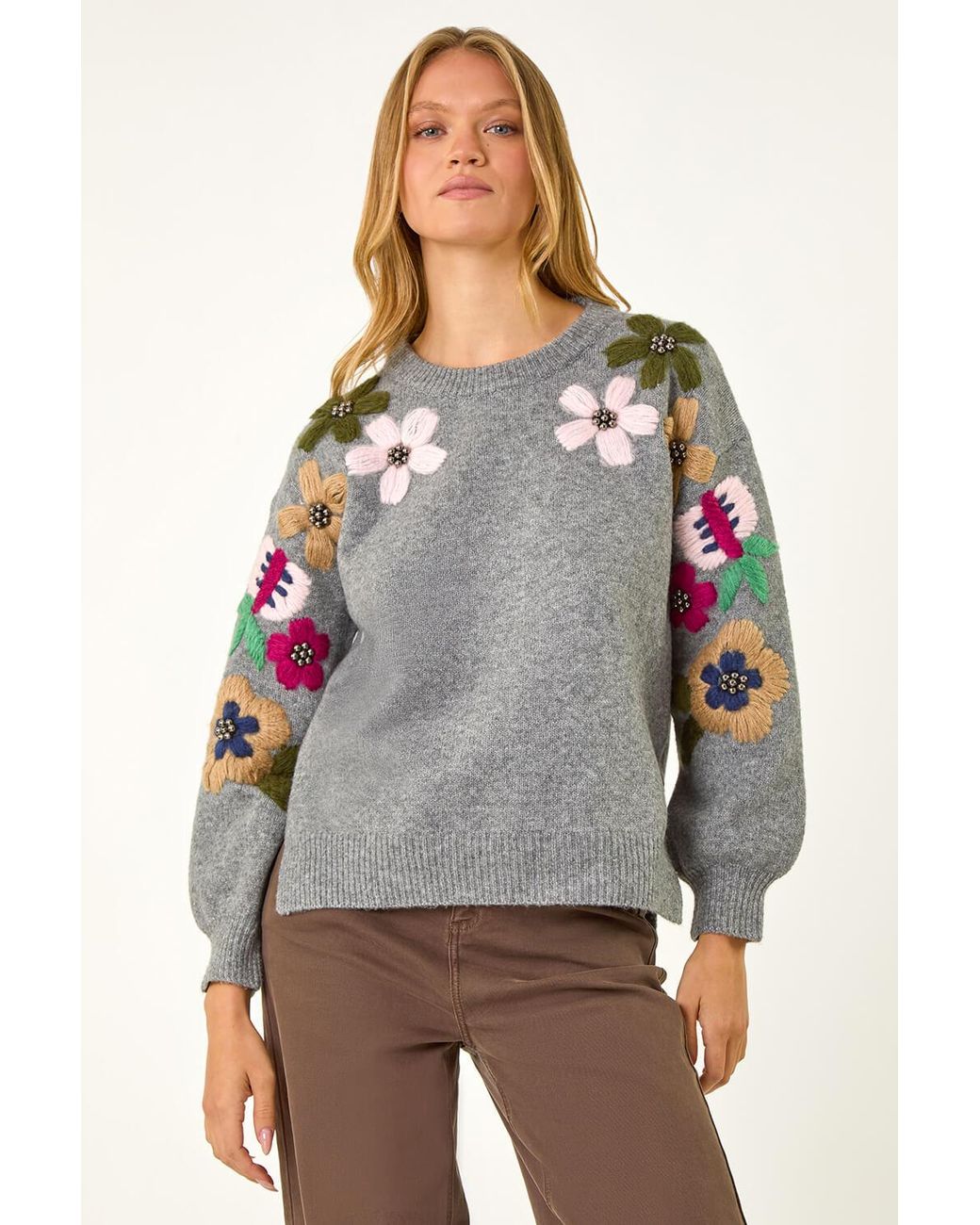 Roman Gray Floral Embellished Crew Jumper