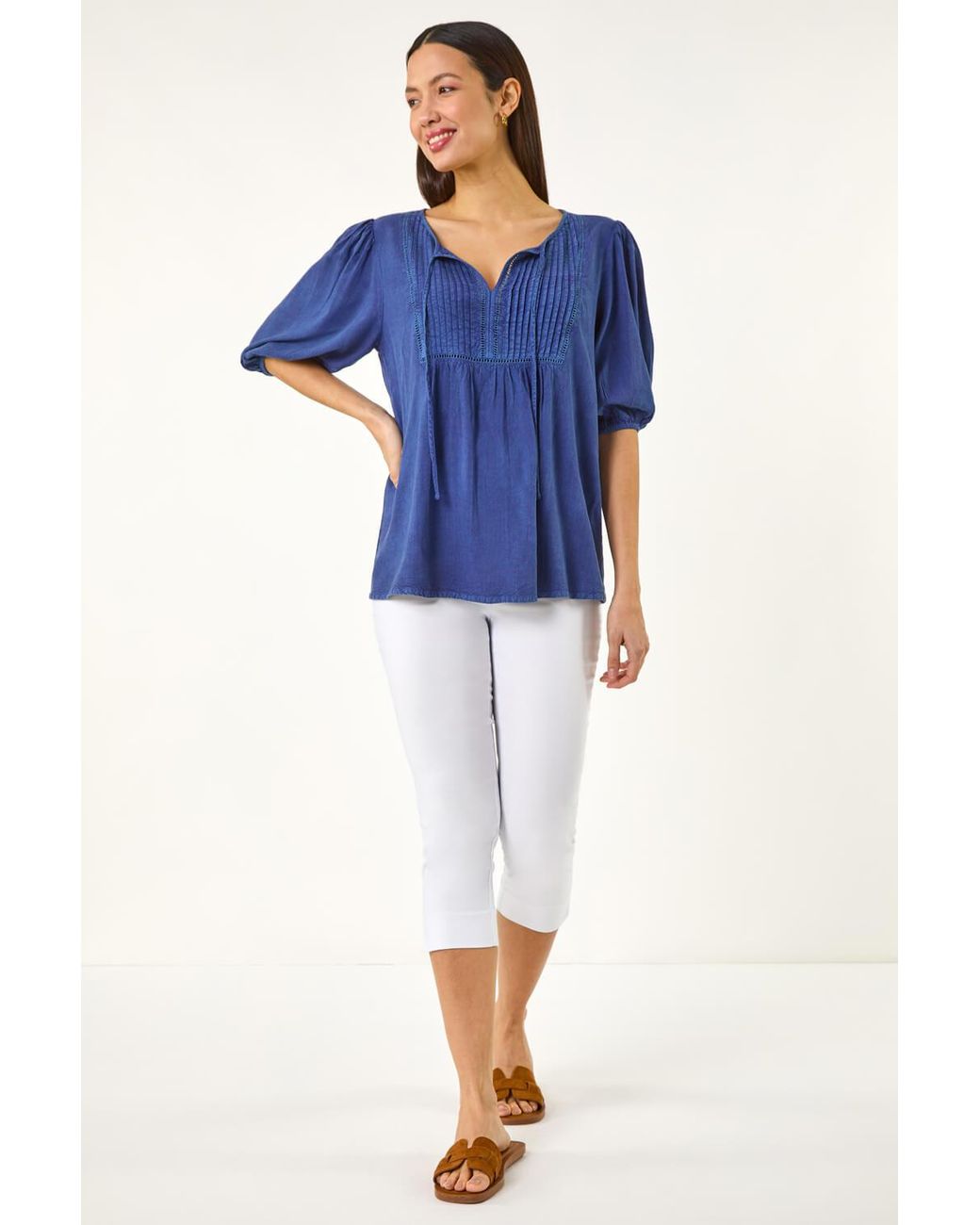 Roman Blue Pleated Tie Neck Top