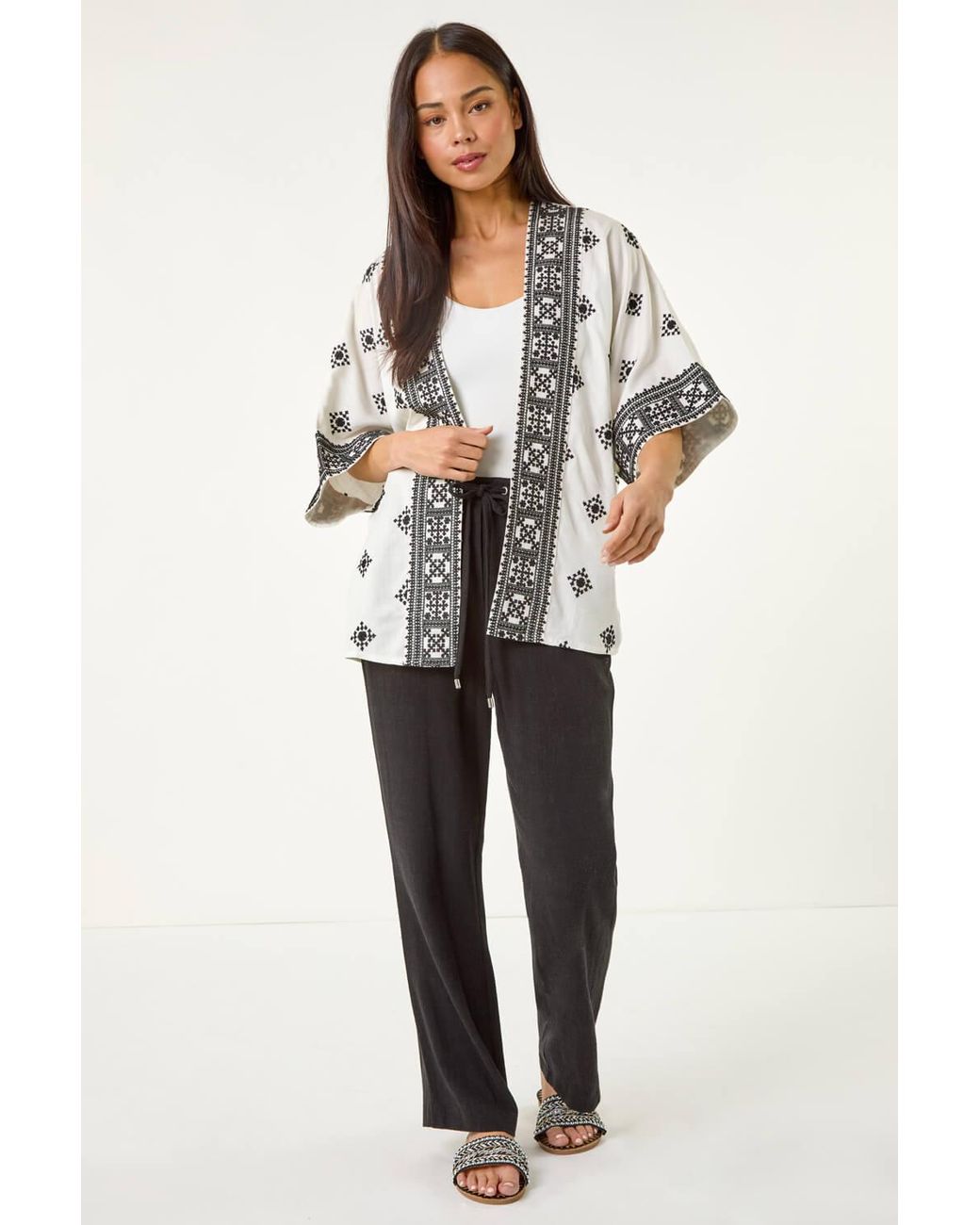 Roman Petite Gray Abstract Embroidered Kimono