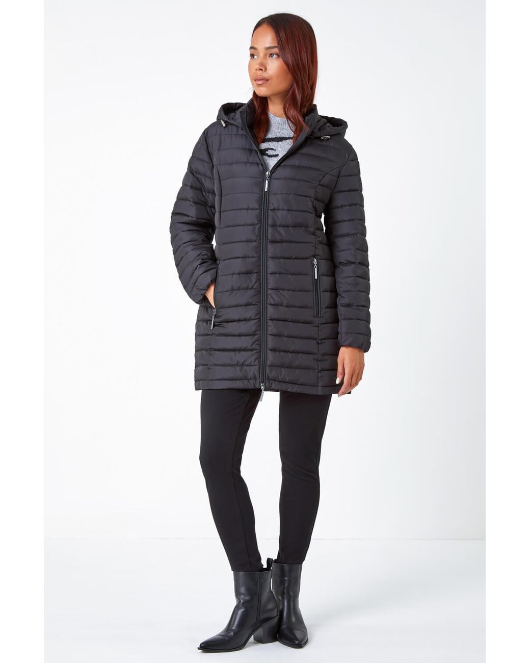 Roman Petite Black Quilted Longline Puffer Coat