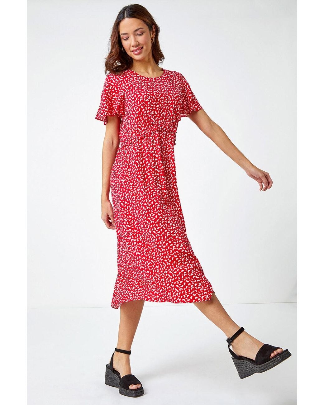 Roman Red Ditsy Print Frill Waist Midi Dress