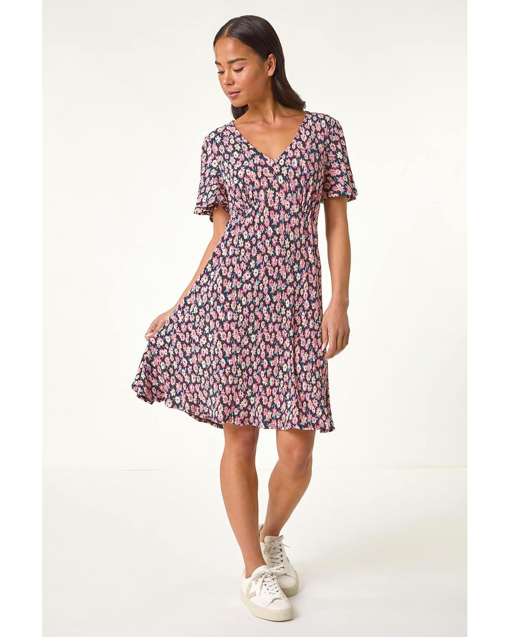 Roman Petite Red Ditsy Floral Print Pleat Dress