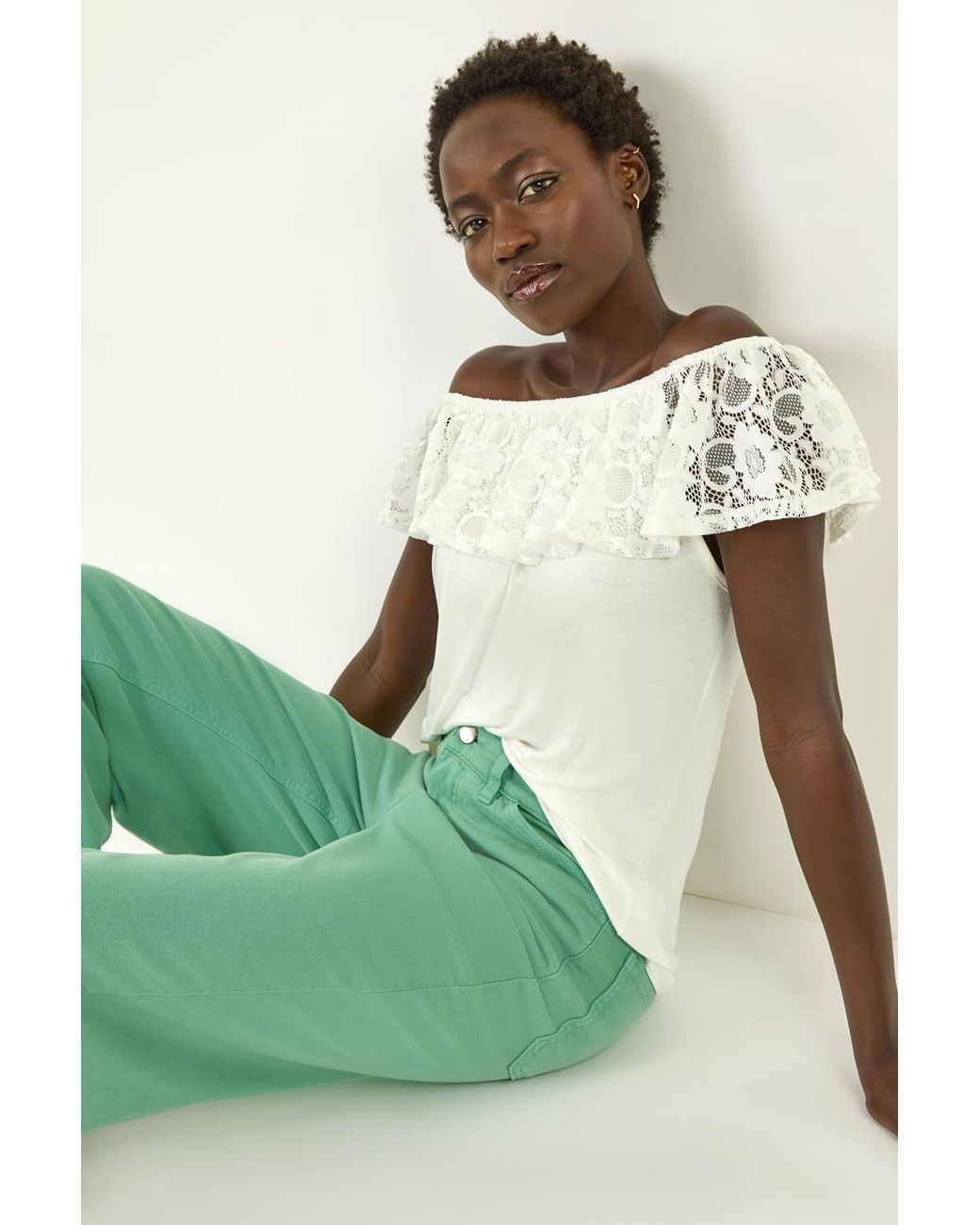 Roman Green Lace Trim Bardot Top