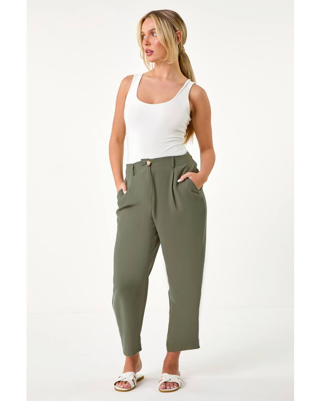Roman Petite Green Cropped Tapered Trousers