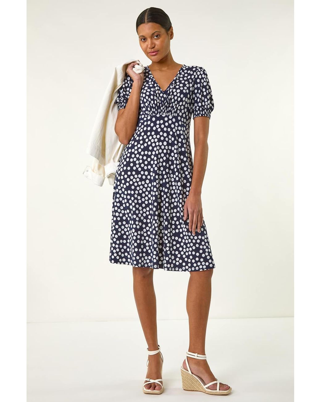 Roman Blue Spot Print Gathered Dress