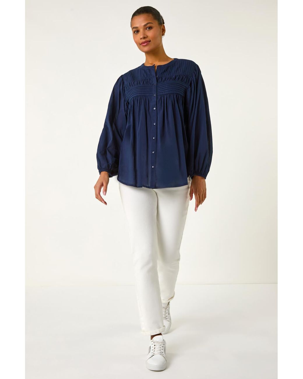 Roman Blue Pleat Detail Button Through Blouse