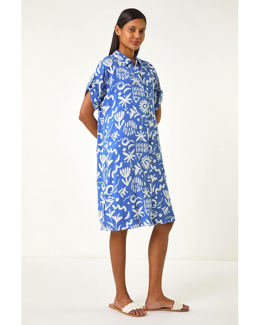 Roman Blue Abstract Print Button Shirt Dress