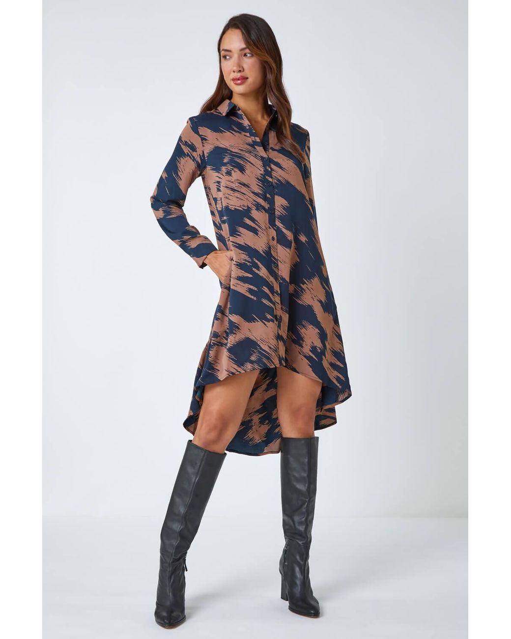 Roman Blue Hi Low Abstract Print Shirt Dress