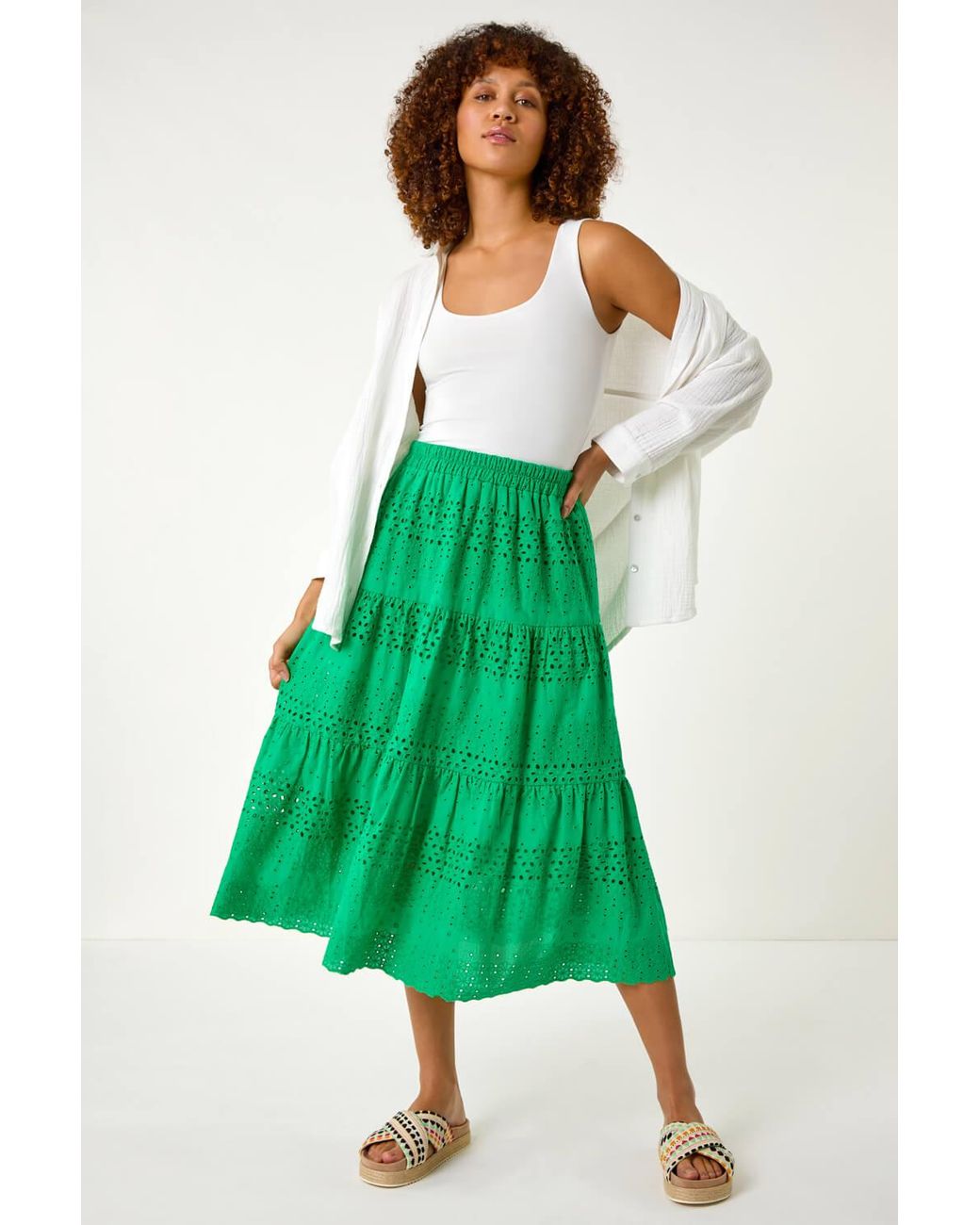 Roman Green Broderie Cotton A-Line Midi Skirt