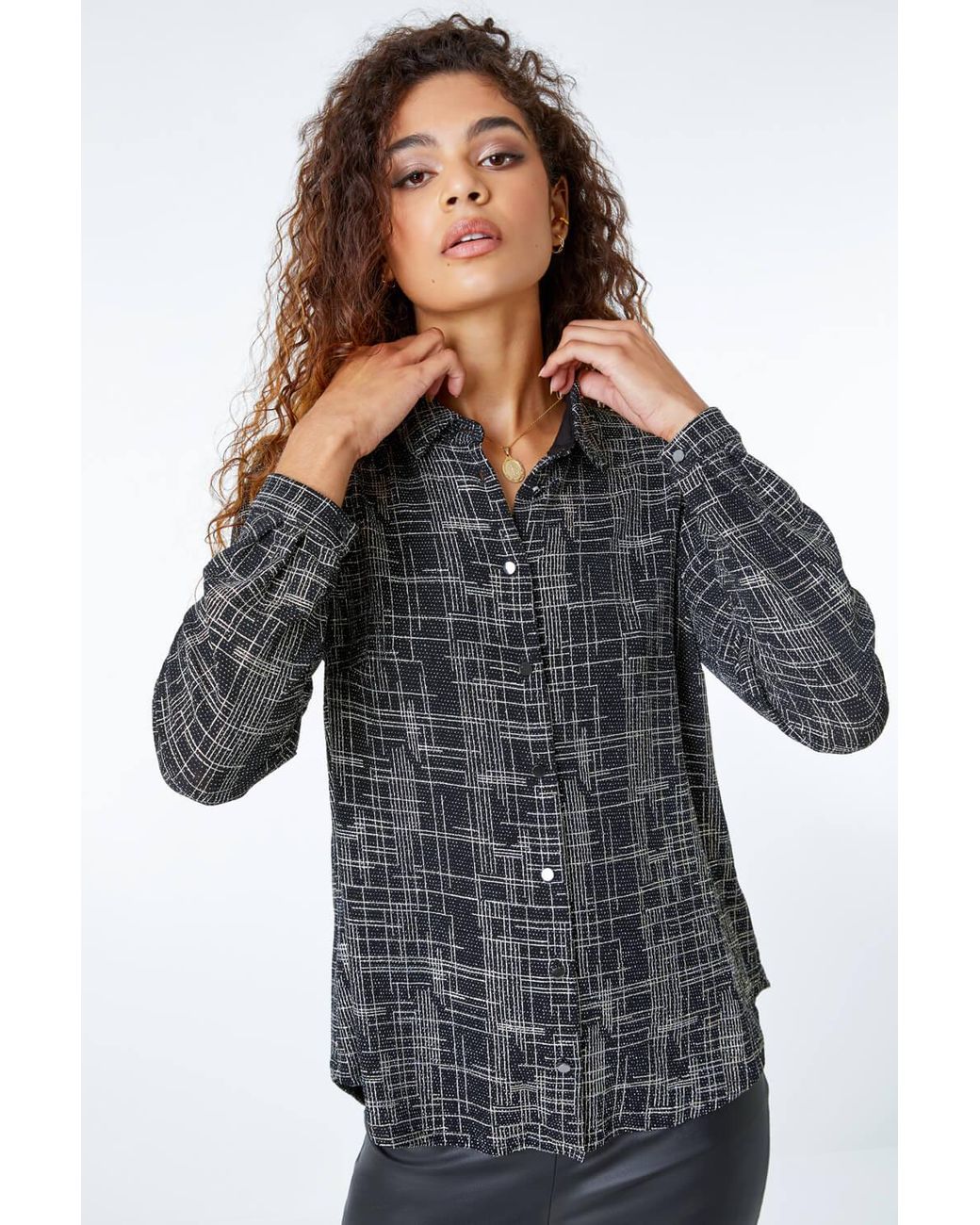 Roman Black Glitter Check Print Shirt