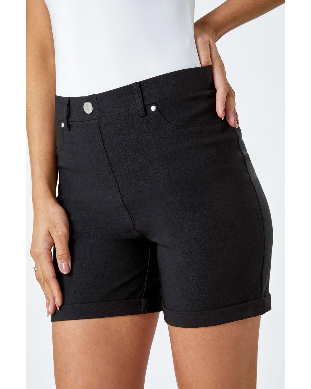 Roman Black Stretch Elastic Waist Turn Up Shorts