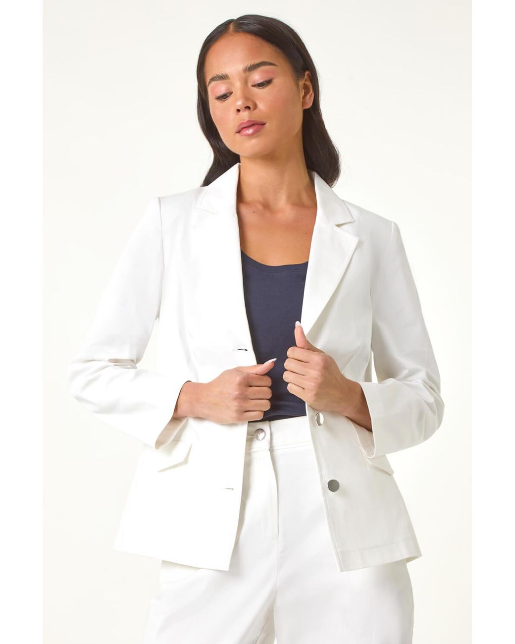 Roman Petite White Cotton Stretch Blazer
