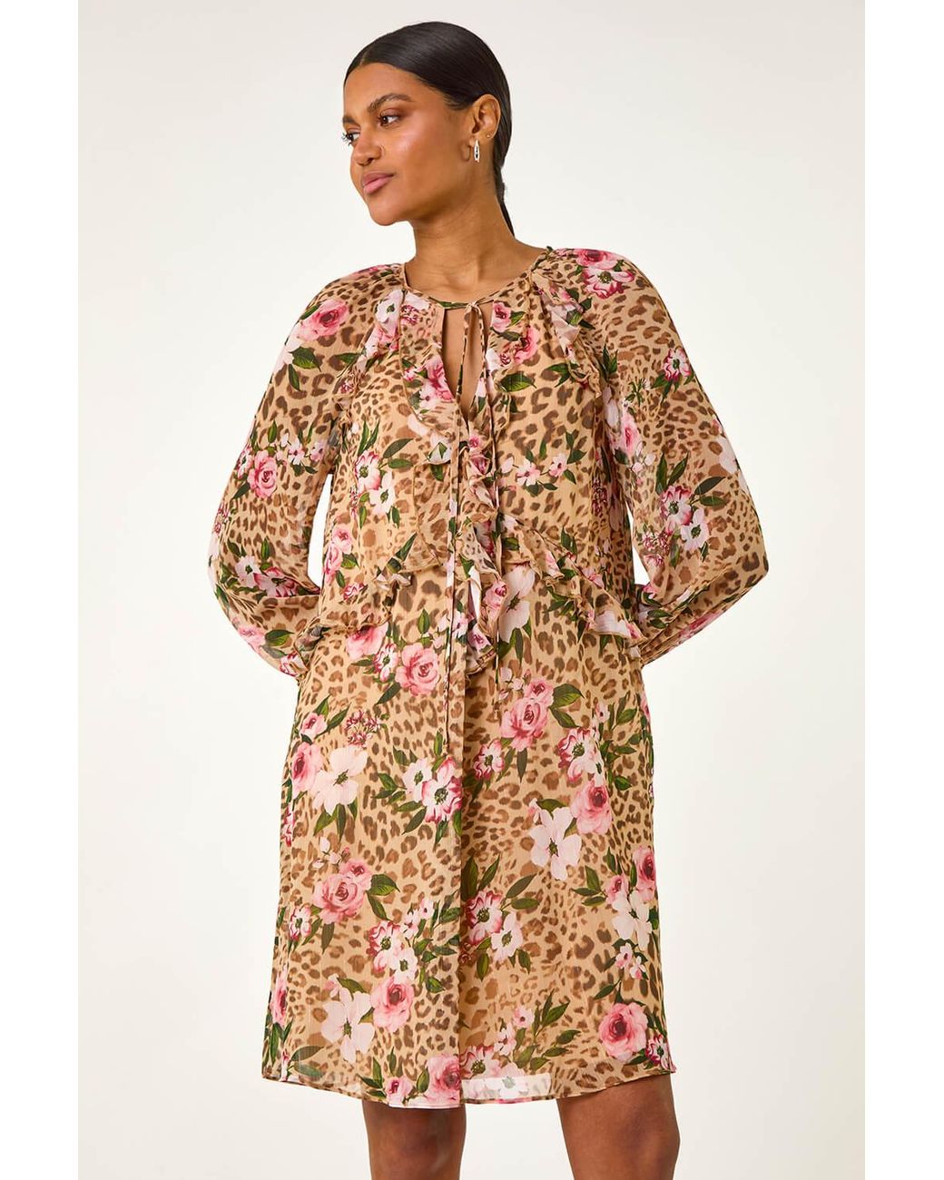 Roman Natural Floral Animal Print Frill A-Line Dress