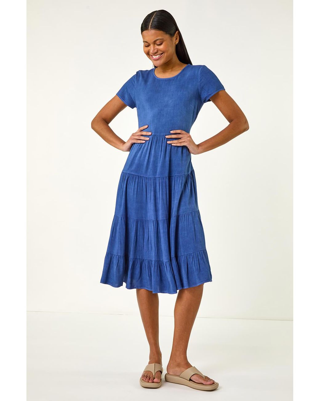 Roman Blue Tiered Smock Midi Dress