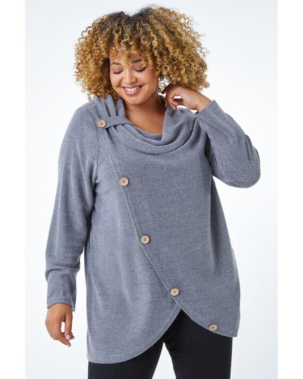 Roman Curve Blue Cowl Neck Button Wrap Top