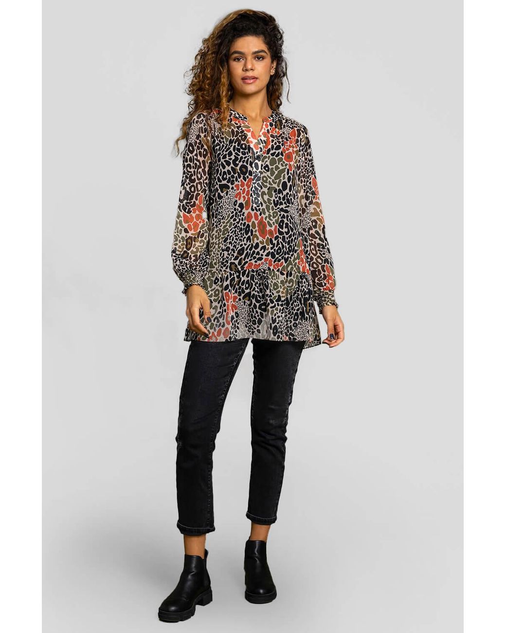 Roman Multicolor Chiffon Animal Print Peplum Tunic Top