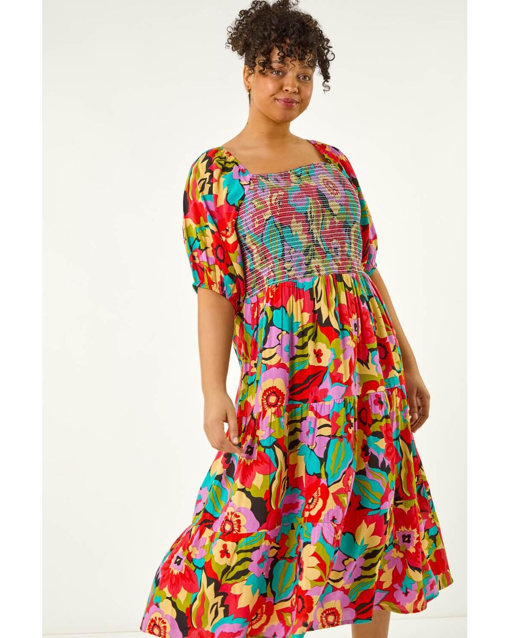 Roman Curve Floral Shirred Midi Dress