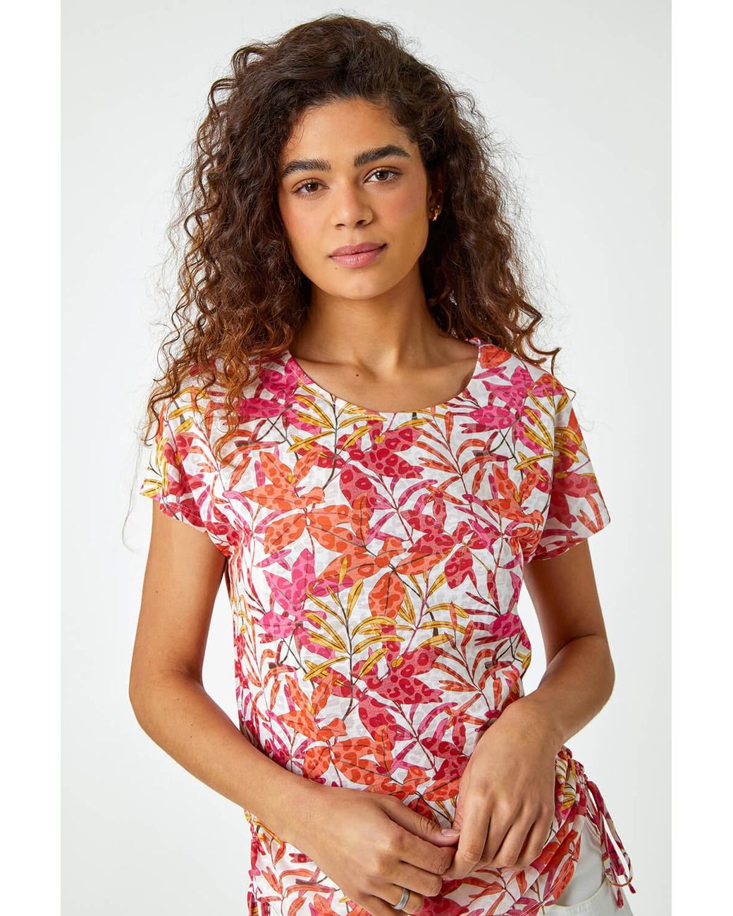 Roman Red Leaf Print Side Tie Stretch Top