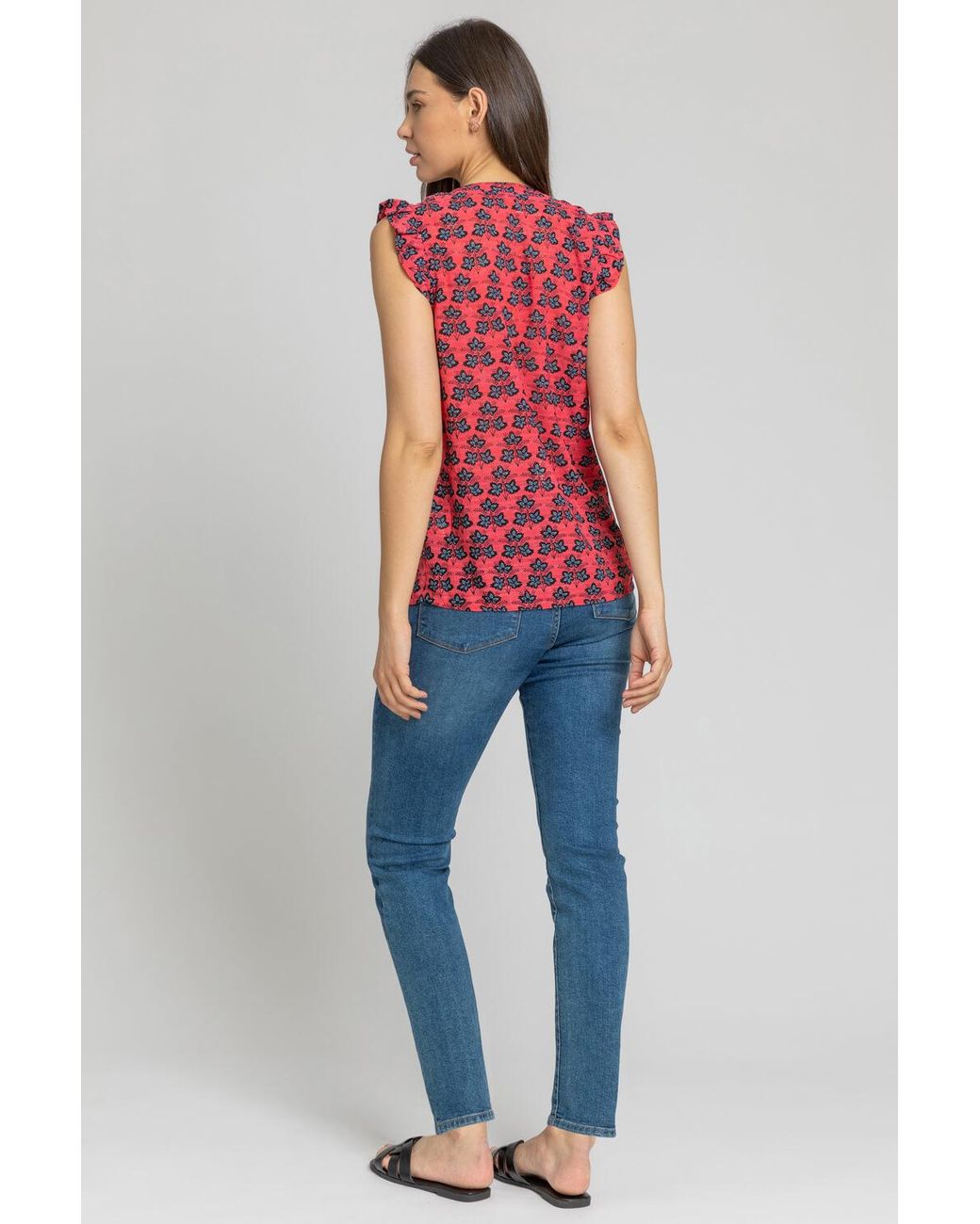 Roman Red Sleeveless Frill Detail Floral Blouse