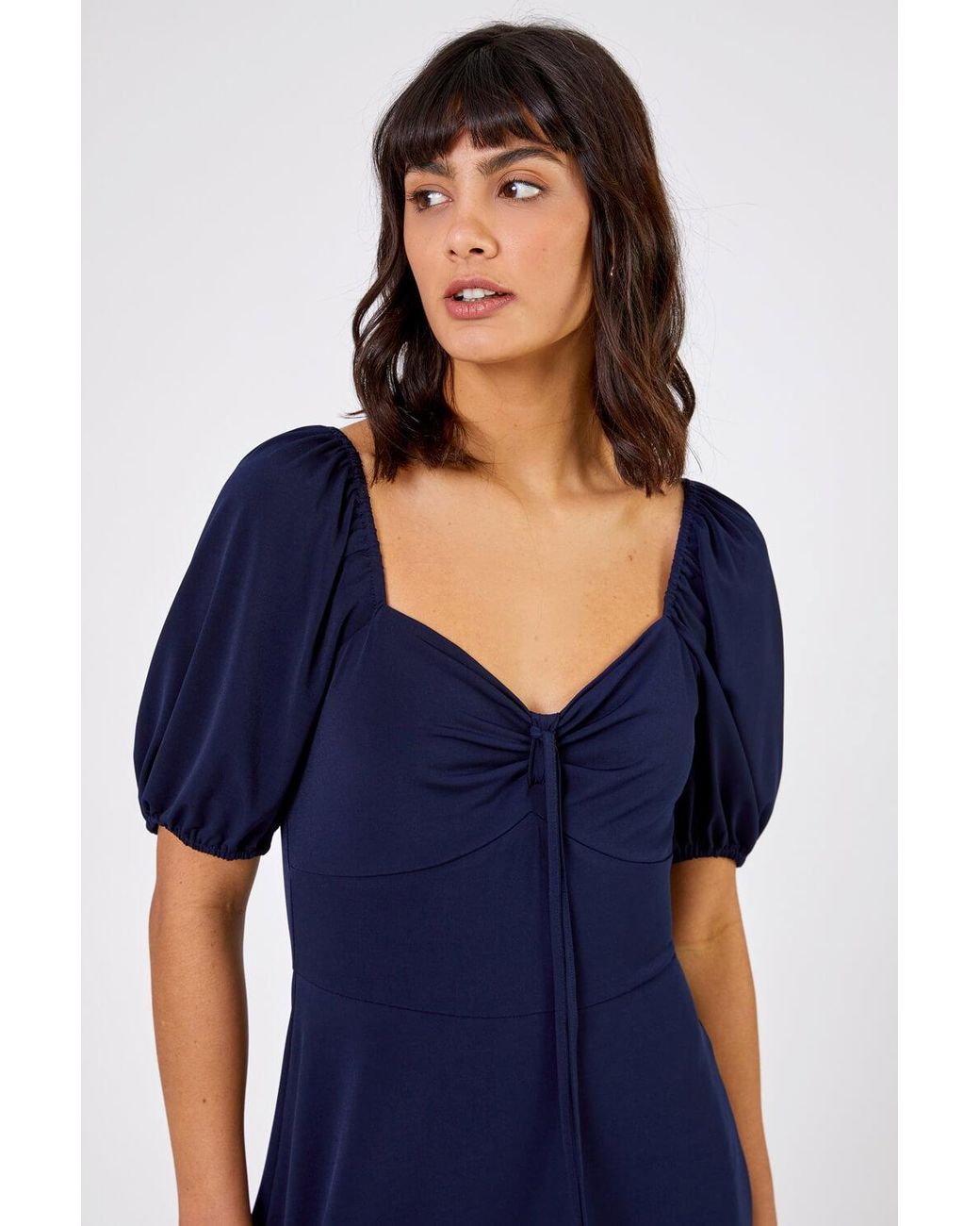 Roman Blue Ruched Jersey Tie Detail Midi Dress