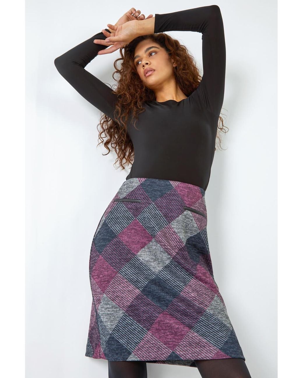 Roman Pink Elastic Waist Check Print Pocket A Line Skirt