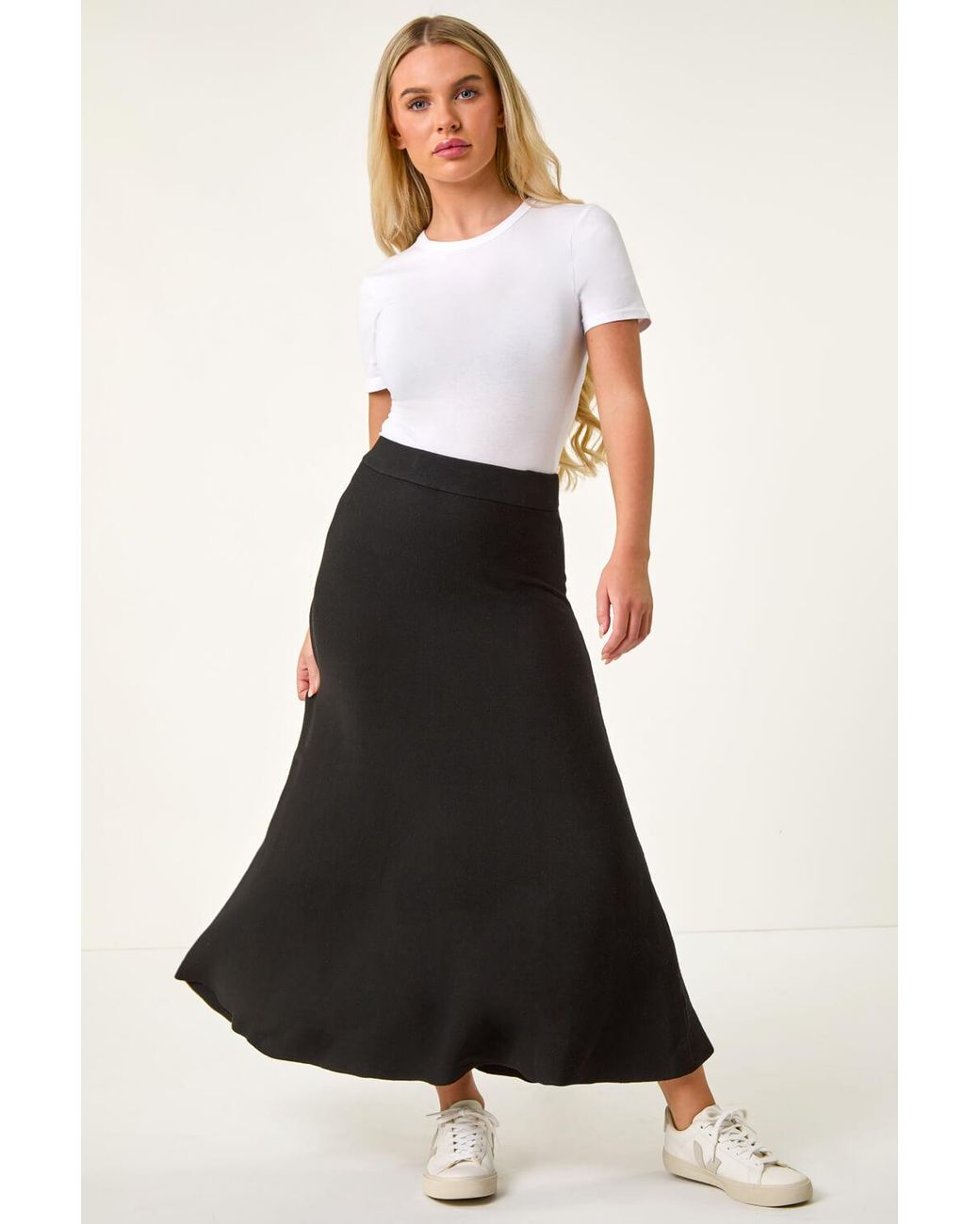 Roman Petite Black Stretch Knitted Midi Skirt