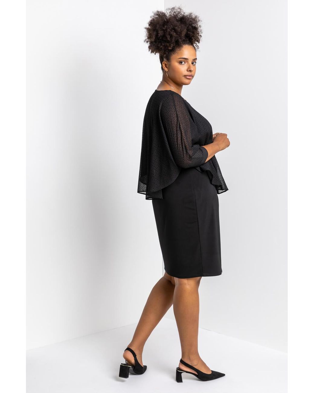 Roman Curve Black Flock Spot Chiffon Overlay Dress