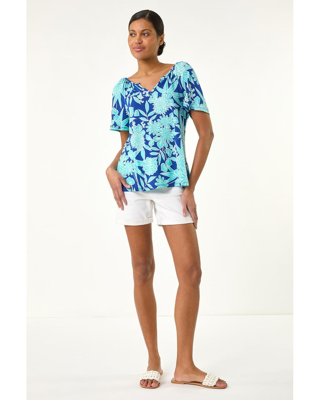 Roman Blue Textured Print Notch Neck Top