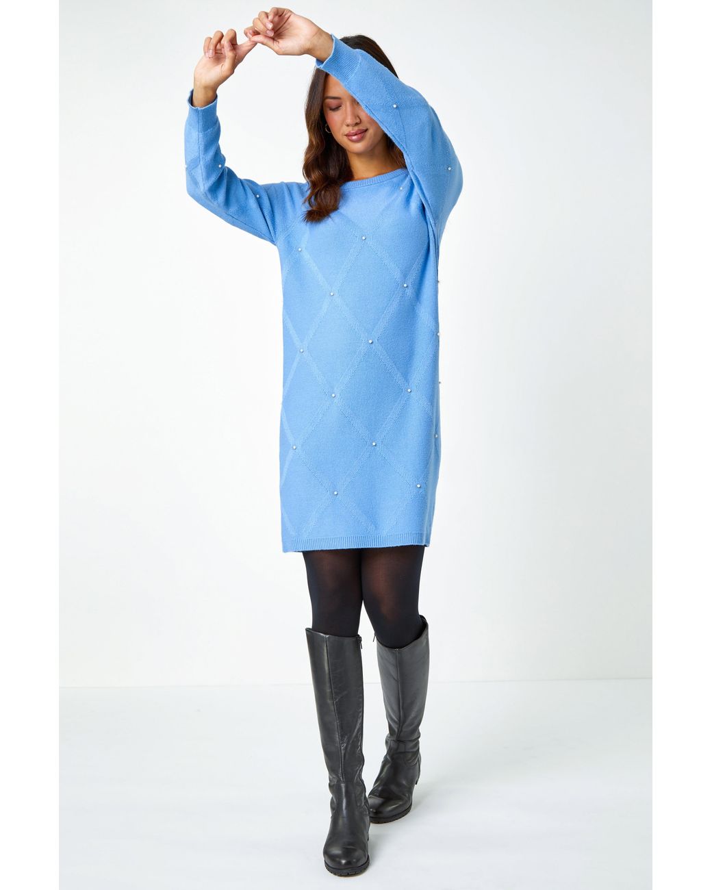 Roman Blue Pearl Embellished Jumper Dress
